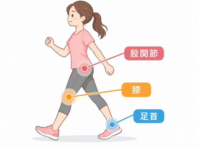 歩く女性と下半身の関節ガイド