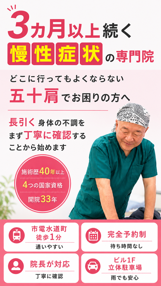 長引く五十肩の痛みや動かしづらさでお困りの方へ｜熊本市水道町のすがはら筋整骨院