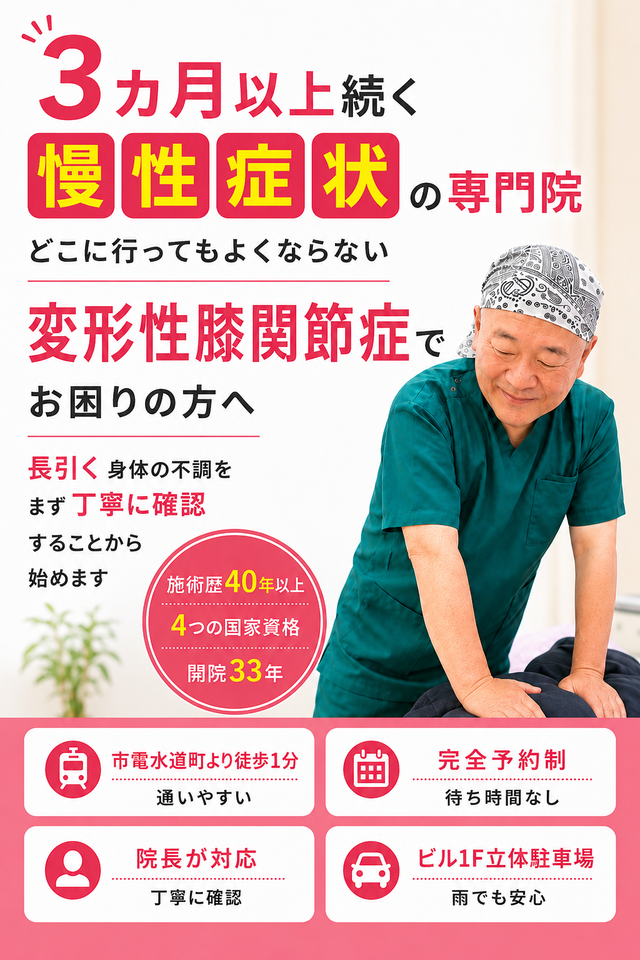 変形性膝関節症による膝の痛みでお困りの方へ|熊本市水道町のすがはら筋整骨院