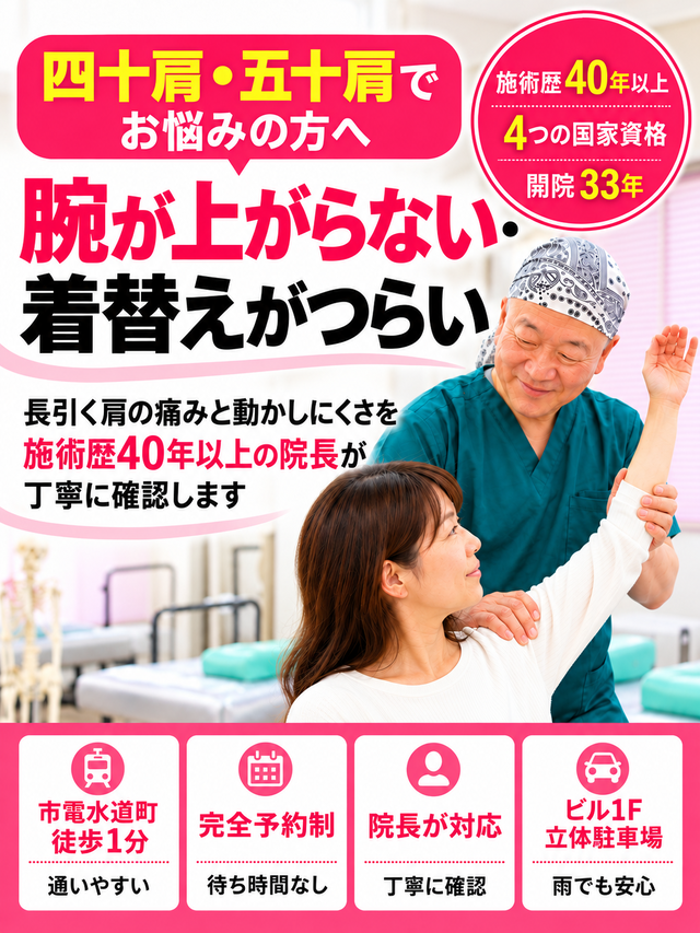 四十肩・五十肩でお悩みの方へ、腕が上がらない・着替えがつらい 長引く肩の痛みと動かしにくさを 施術歴40年以上の院長が丁寧に確認します